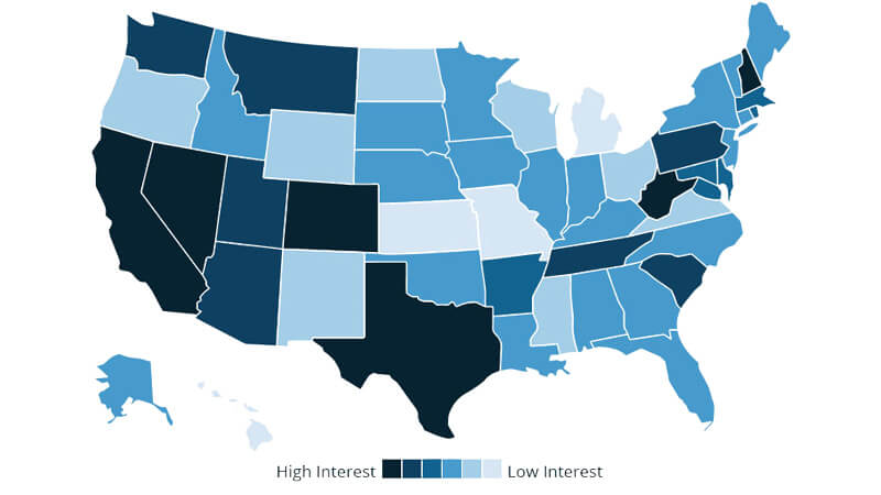 میزان علاقه مردم به ارزهای رمزپایه در ایالت های مختلف آمریکا