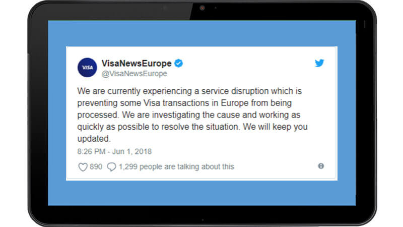 توییت Visa News Europe در رابطه با اختلال در پرداخت با ویزا کارت