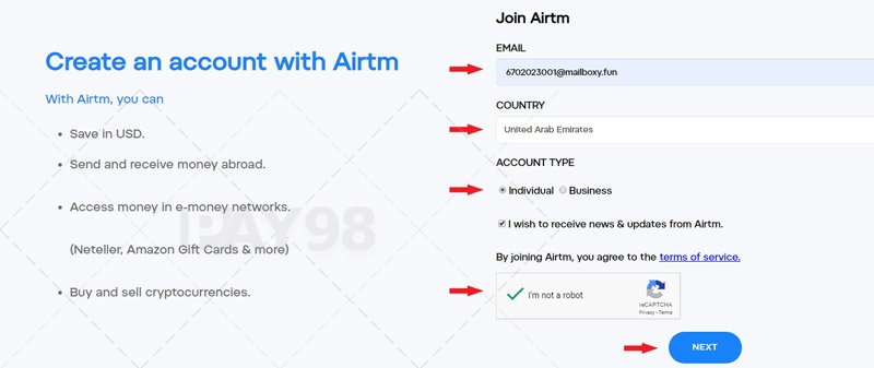 فرم ثبت نام اولیه Airtm