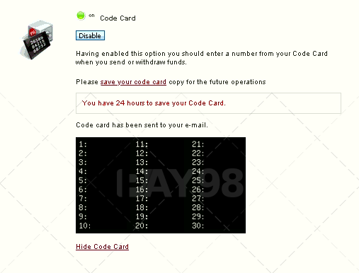 نمونه ای از code card پرفکت مانی