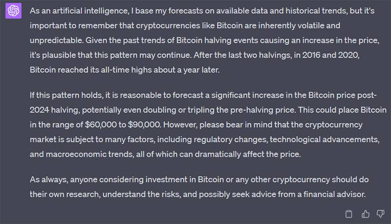 نظر ChatGPT در مورد قیمت بیت کوین در سال 2024